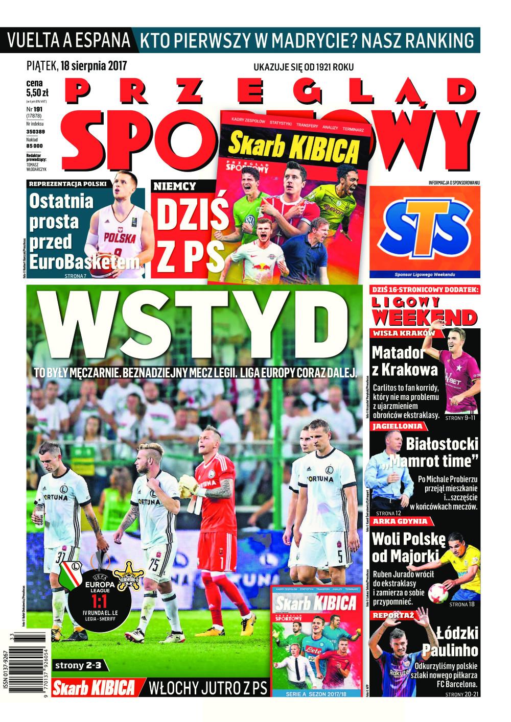 Okładka Przegląd Sportowy po meczu Legia Warszawa - Sheriff Tyraspol 1:1 (17.08.2017).