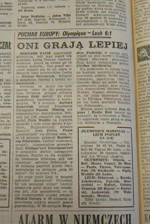 Przegląd Sportowy po Olympique Marsylia - Lech Poznań 6:1 (07.11.1990) 1