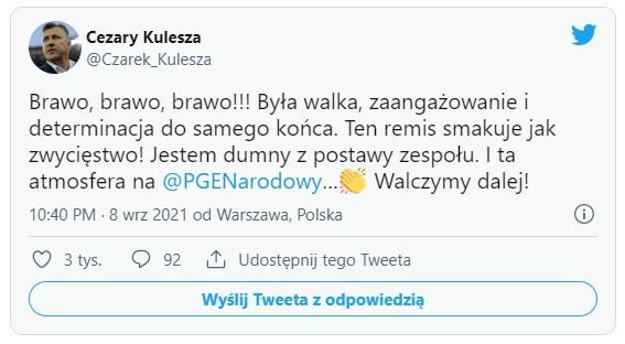 Twitt Cezarego Kuleszy po meczu Polska - Anglia 1:1 (08.09.2021)