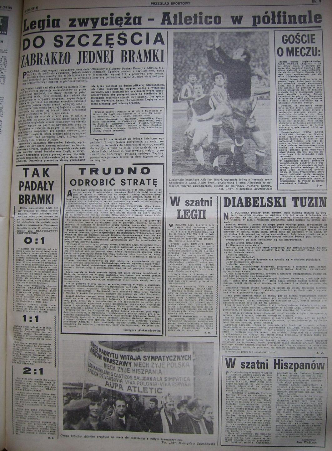 Przegląd Sportowy po Legia Warszawa - Atlético Madryt 2:1 (24.03.1971) 2