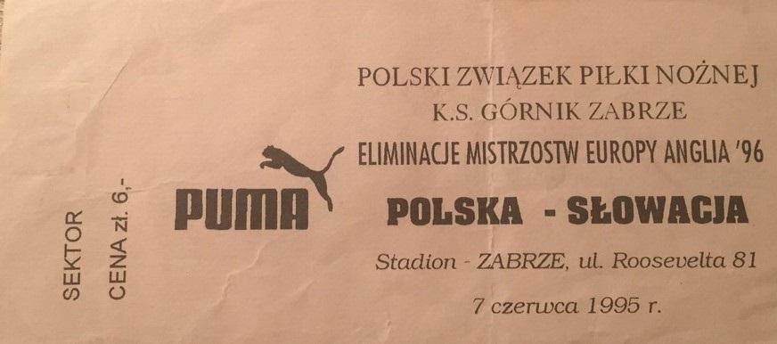 Bilet z meczu Polska - Słowacja 5:0 (07.06.1995).