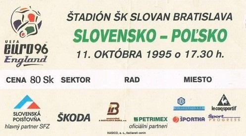 Bilet z meczu Słowacja - Polska 4:1 (10.11.1995).