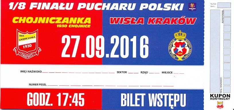 Bilet Chojniczanka Chojnice - Wisła Kraków 1:2 (27.09.2016)