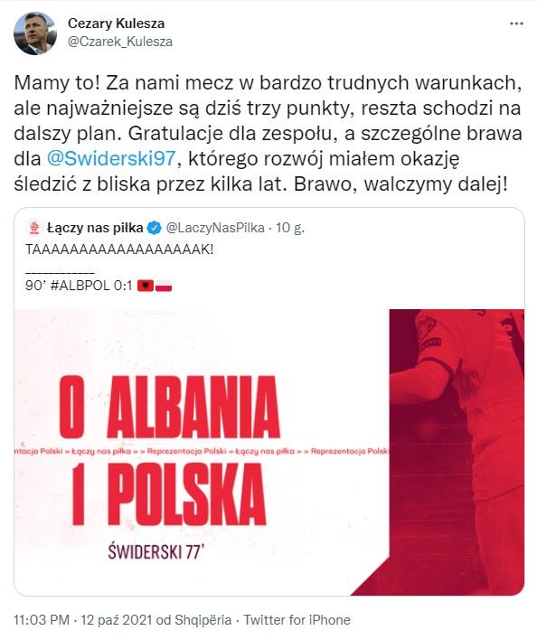 Twitt Cezarego Kuleszy po meczu Albania - Polska 0:1 (12.10.2021)