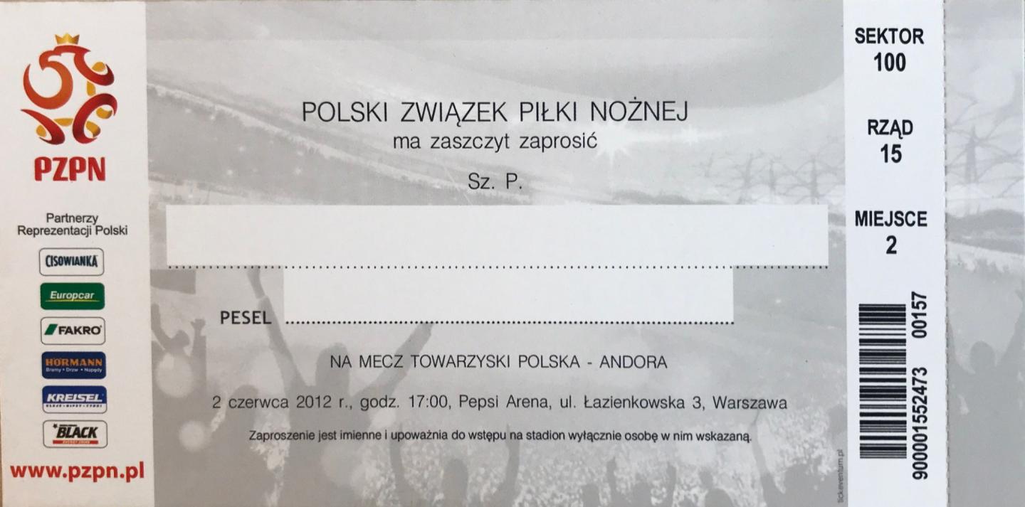 Zaproszenie na mecz Polska - Andora 4:0 (02.06.2012)