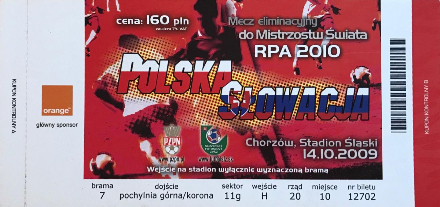 Bilet z meczu Polska – Słowacja 0:1 (14.10.2009)