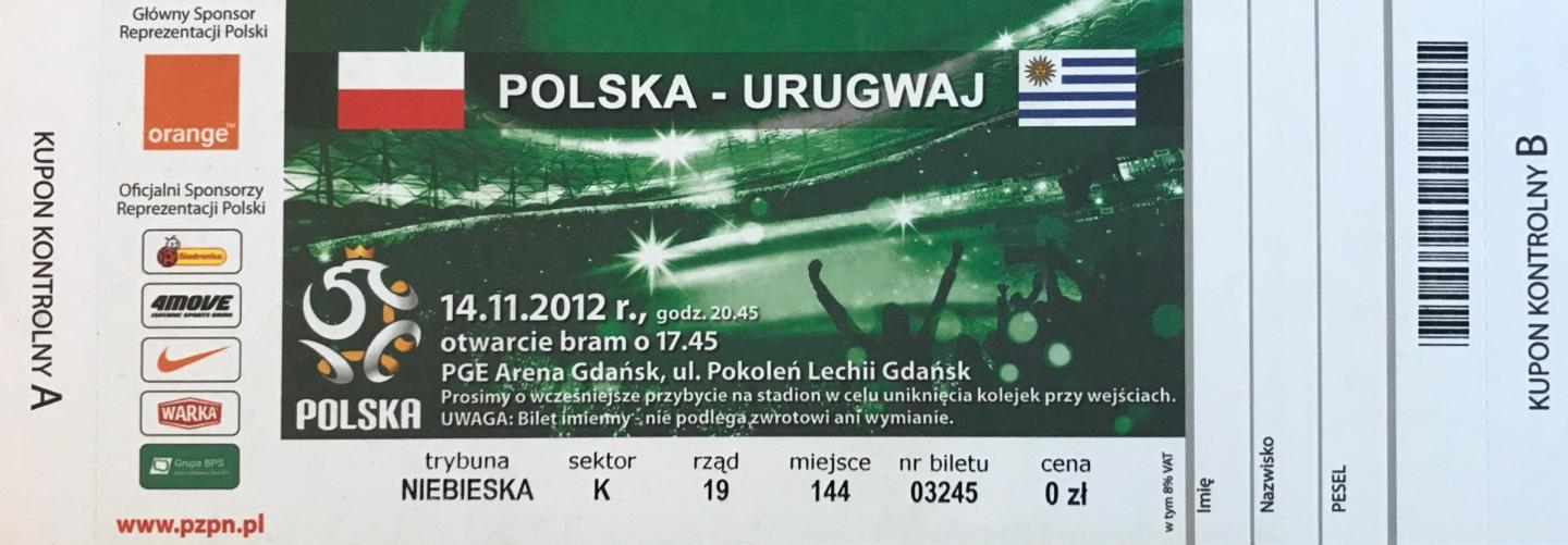 Bilet z meczu Polska – Urugwaj 1:3 (14.11.2012)