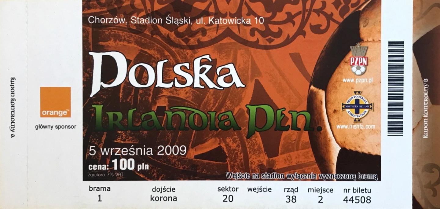 Bilet z meczu Polska – Irlandia Północna 1:1 (05.09.2009)