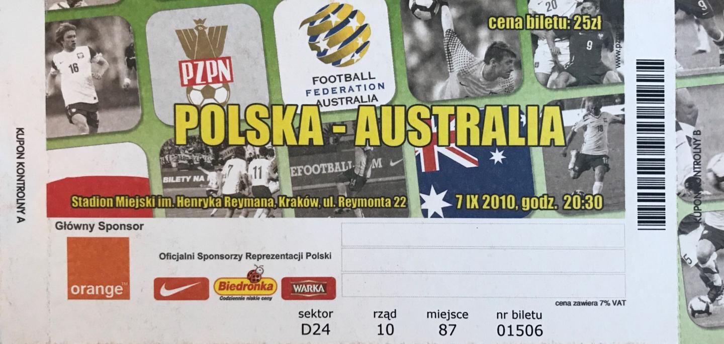 Bilet z meczu Polska – Australia 1:2 (07.09.2010)