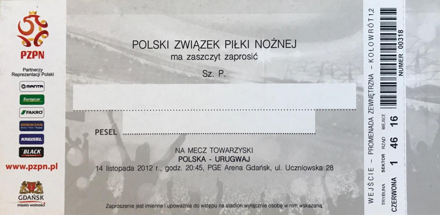 Zaproszenie na mecz Polska - Urugwaj 1:3 (14.11.2012)