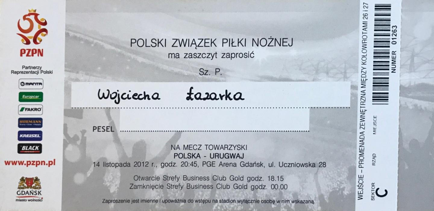 Zaproszenie na mecz Polska - Urugwaj 1:3 (14.11.2012)