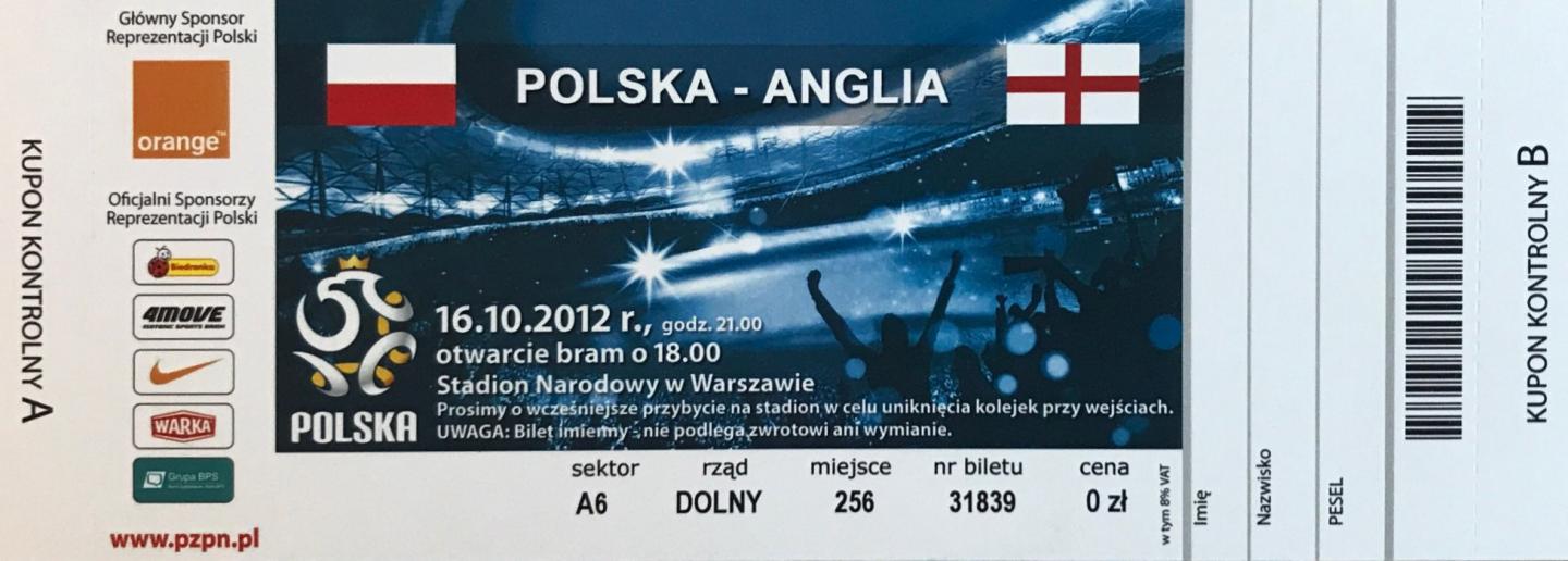 Bilet z meczu Polska – Anglia 1:1 (17.10.2012)