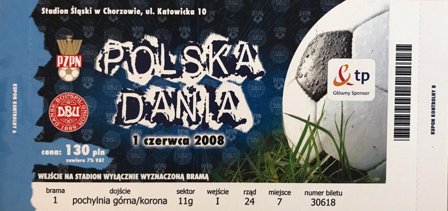 Bilet z meczu Polska – Dania 1:1 (01.06.2008)