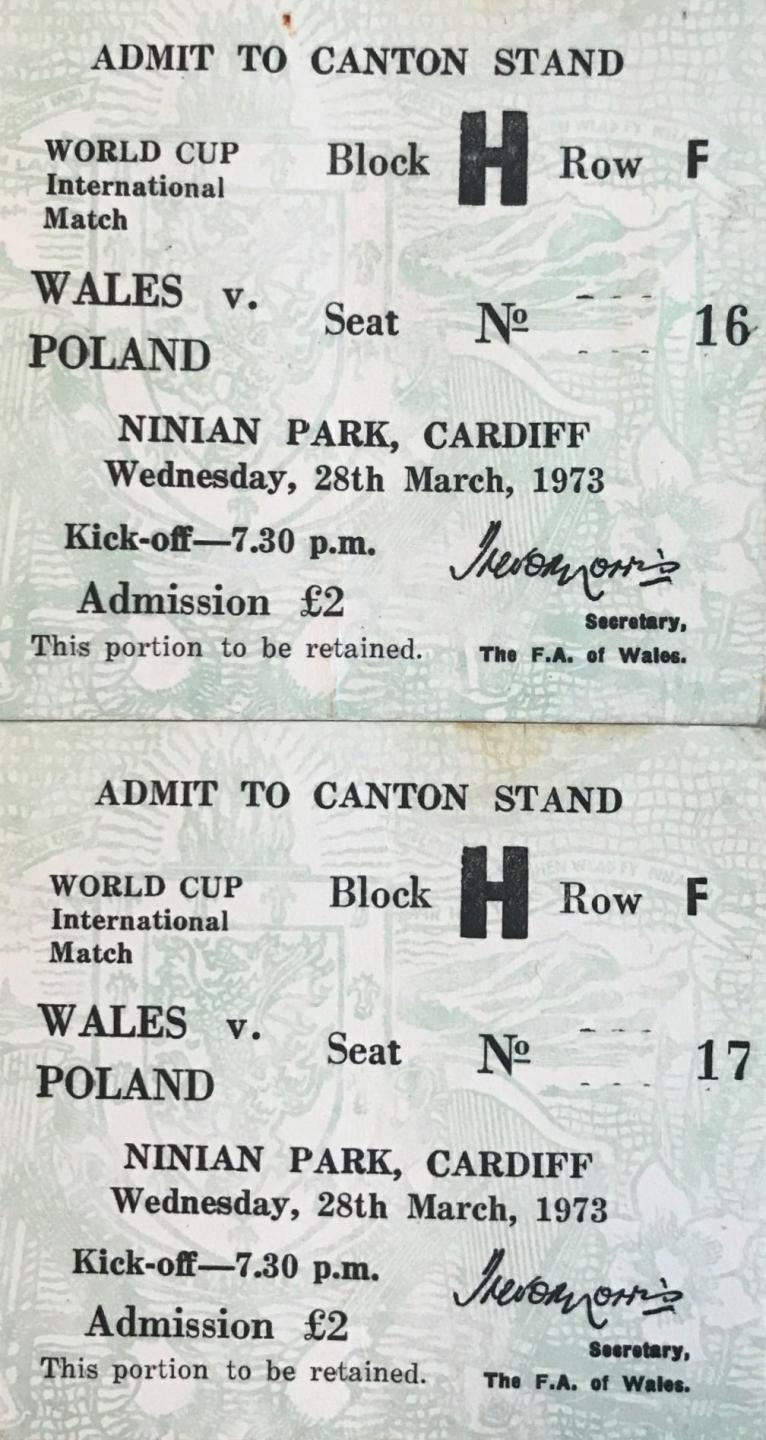 Bilety z meczu Walia - Polska 2:0 (28.03.1973).