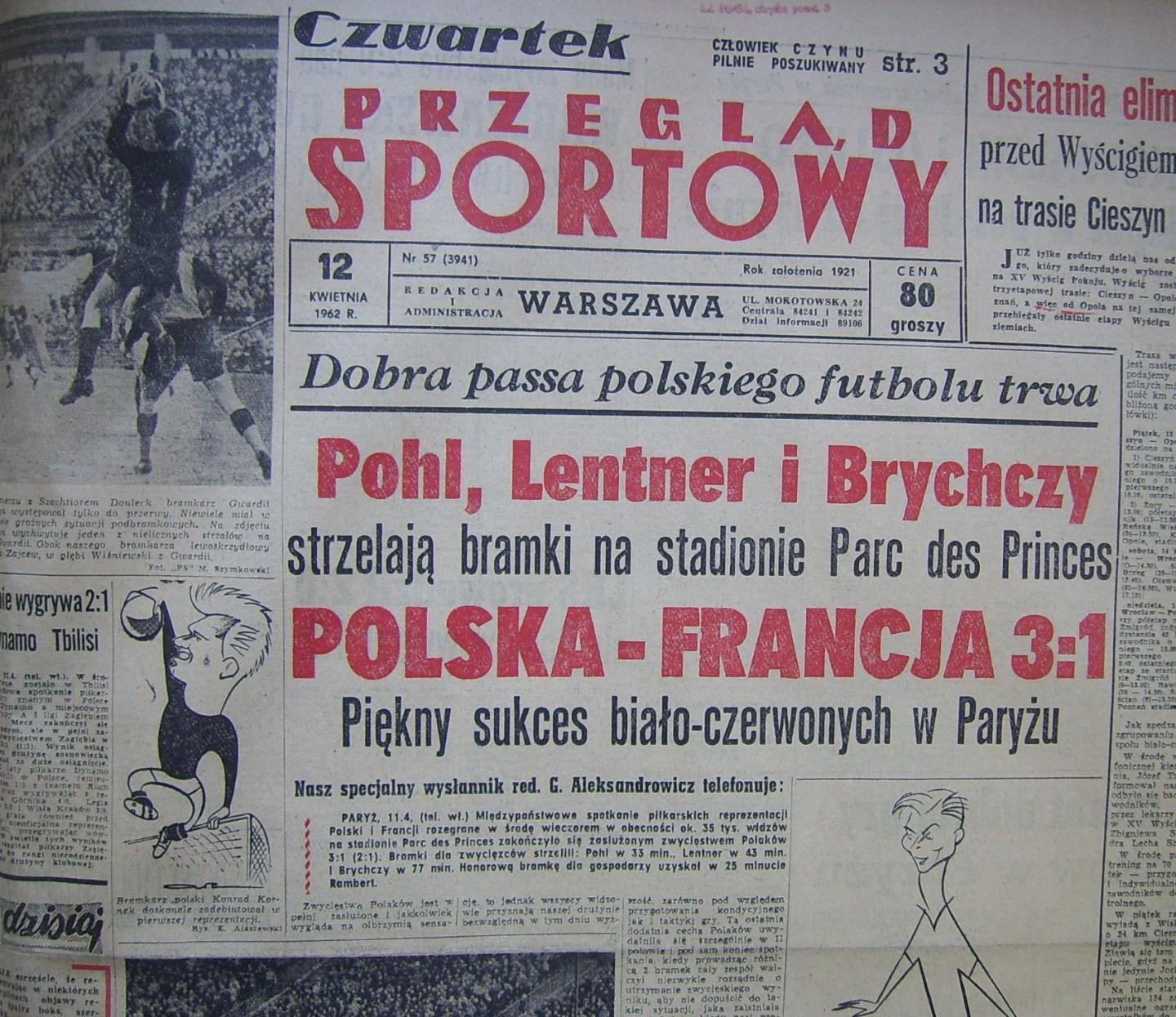 Przegląd Sportowy po Francja - Polska 1:3 (11.04.1962) 1