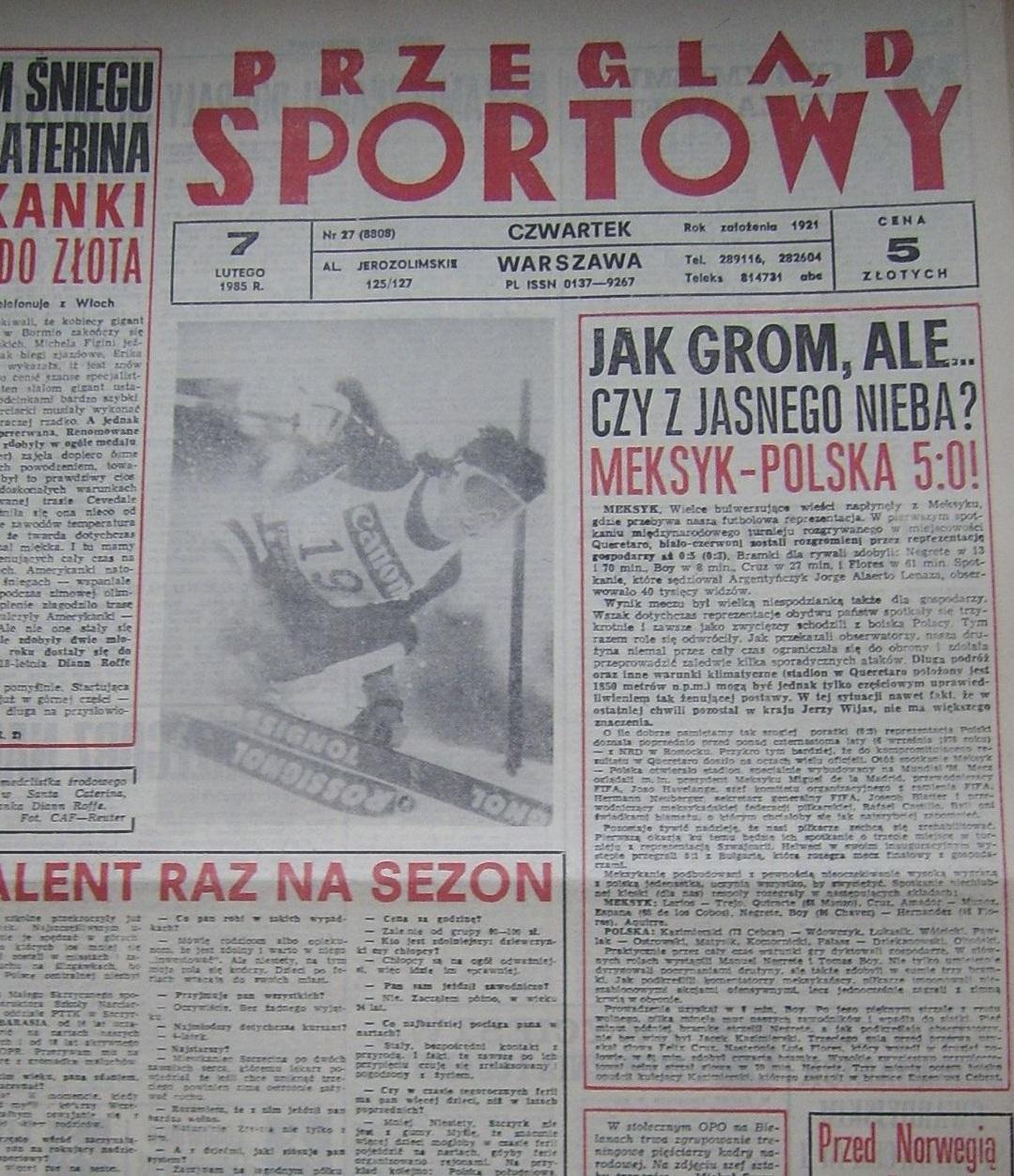 Przegląd Sportowy po Meksyk - Polska 5:0 (05.02.1985)