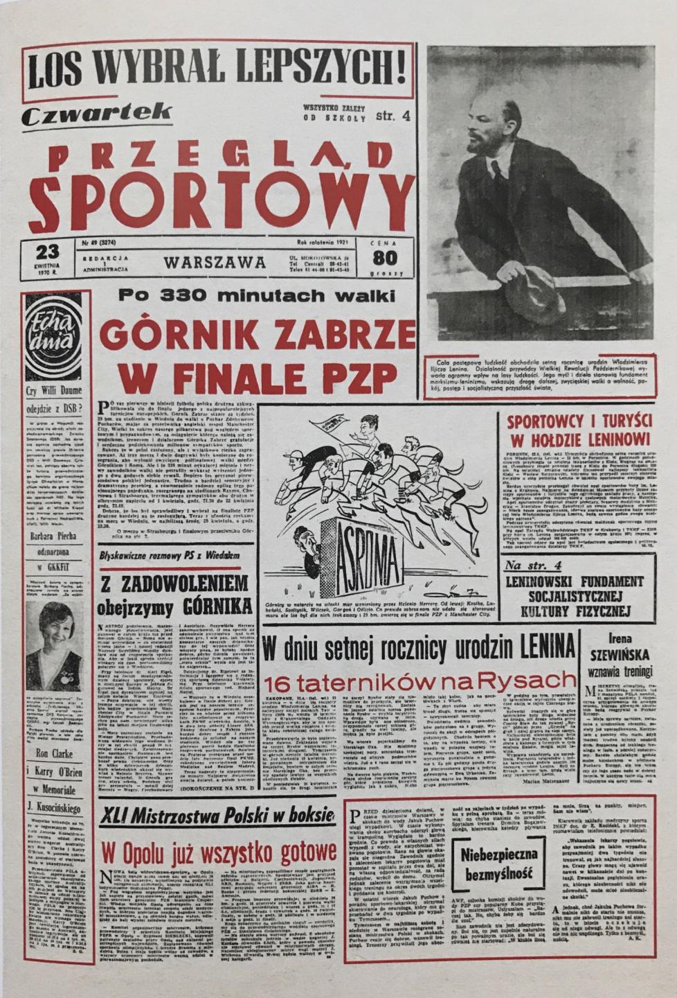 Okładka Przegląd Sportowy po meczu AS Roma - Górnik Zabrze (22.04.1970).