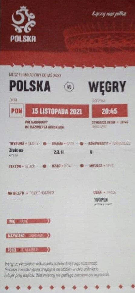 Polska - Węgry 1:2 (15.11.2021) Bilet