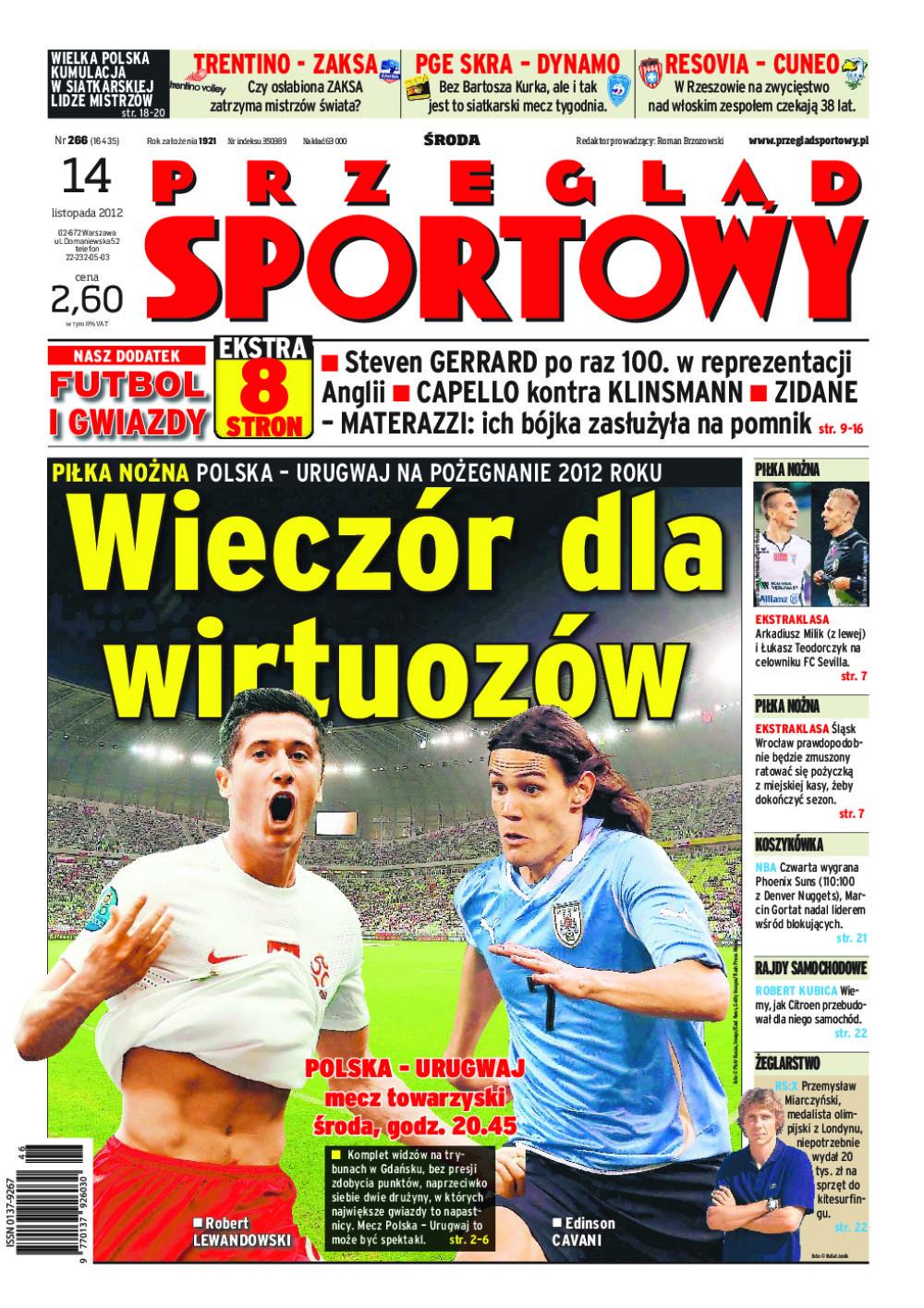 Okładka Przegląd Sportowy przed meczem Polska - Urugwaj 1:3 (14.11.2012) .