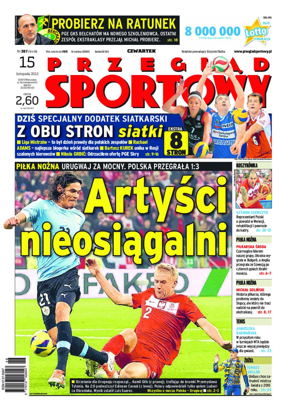 Okładka Przegląd Sportowy po meczu Polska - Urugwaj 1:3 (14.11.2012) .