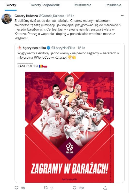 Twitt Cezarego Kuleszy po meczu Andora - Polska 1:4 (12.11.2021).