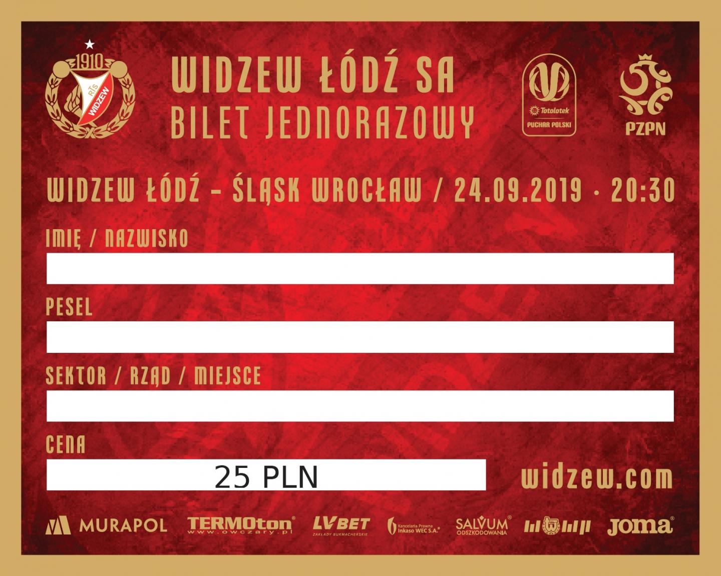 Widzew Łódź - Śląsk Wrocław 2:0 (24.09.2019) Bilet