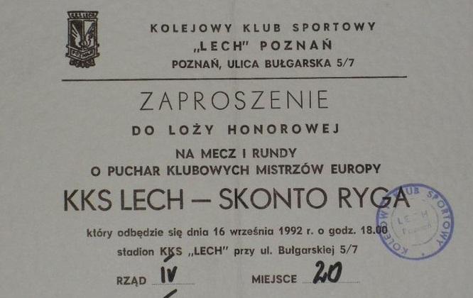 Zaproszenie Lech Poznań - Skonto Ryga 2:0 (16.09.1992)
