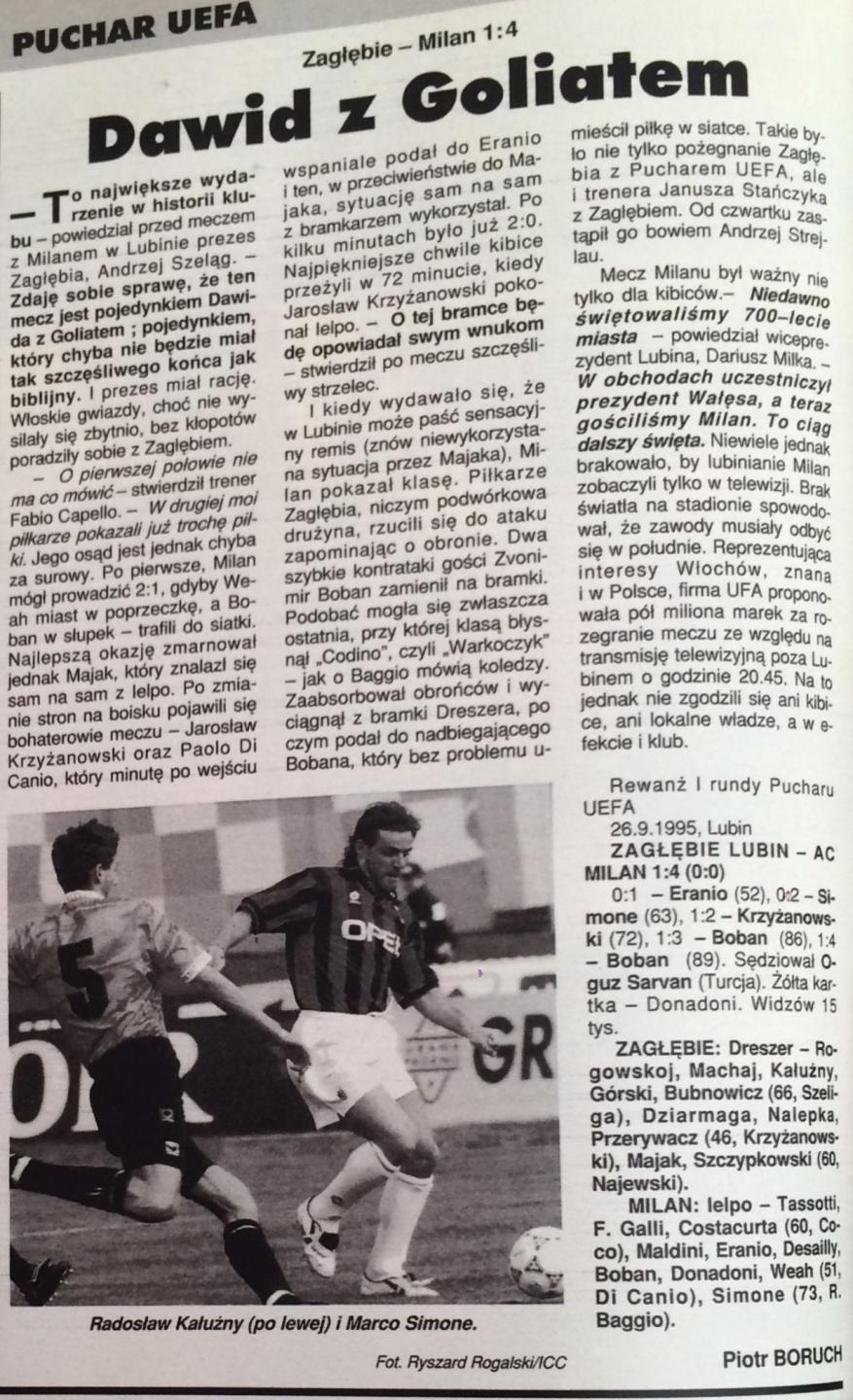 Piłka Nożna po meczu Zagłębie Lubin - AC Milan 1:4 (26.09.1995).