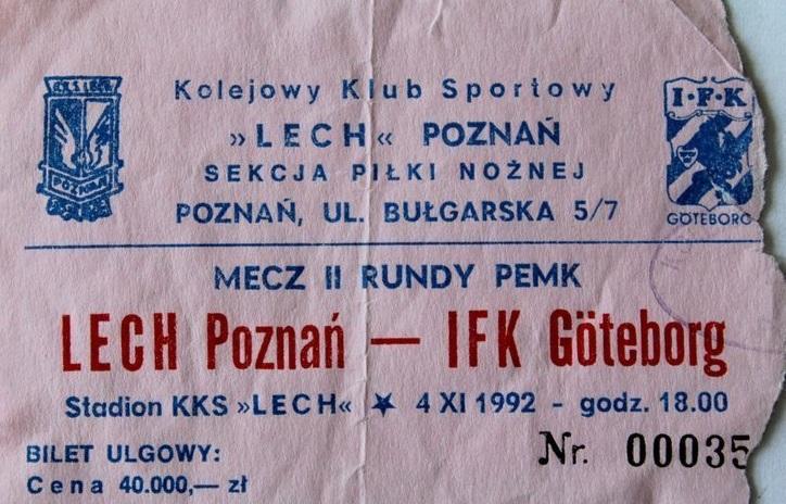 Bilet Lech Poznań - IFK Göteborg 0:3 (04.11.1992) 2