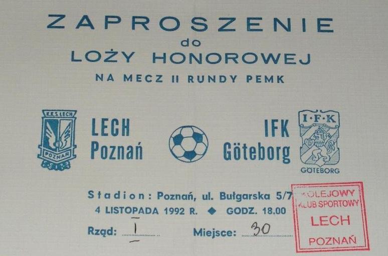 Bilet Lech Poznań - IFK Göteborg 0:3 (04.11.1992) 3