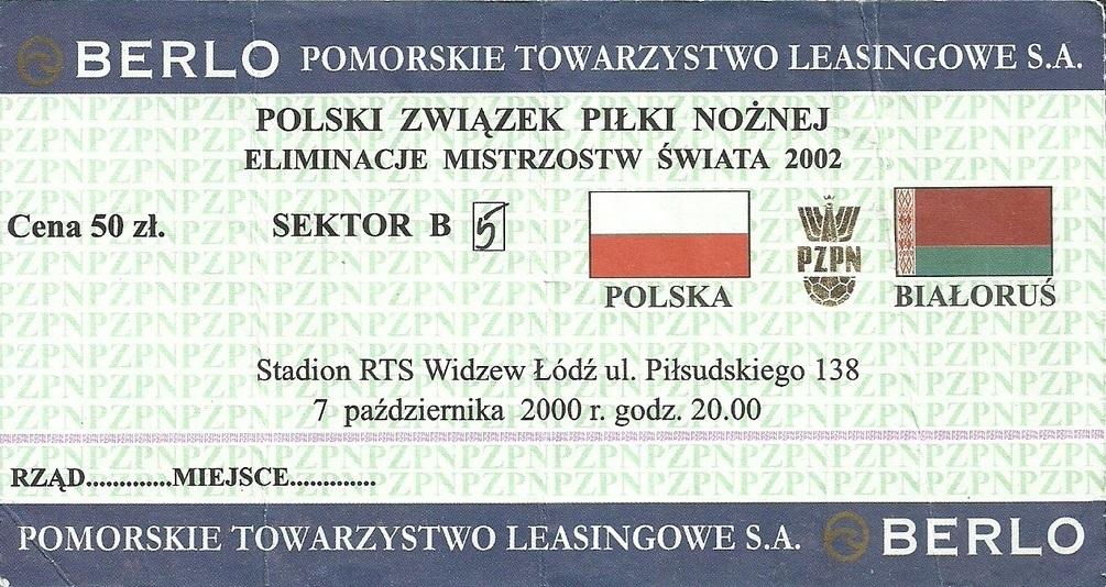Bilet z meczu Polska - Białoruś 3:1 (07.10.2000).