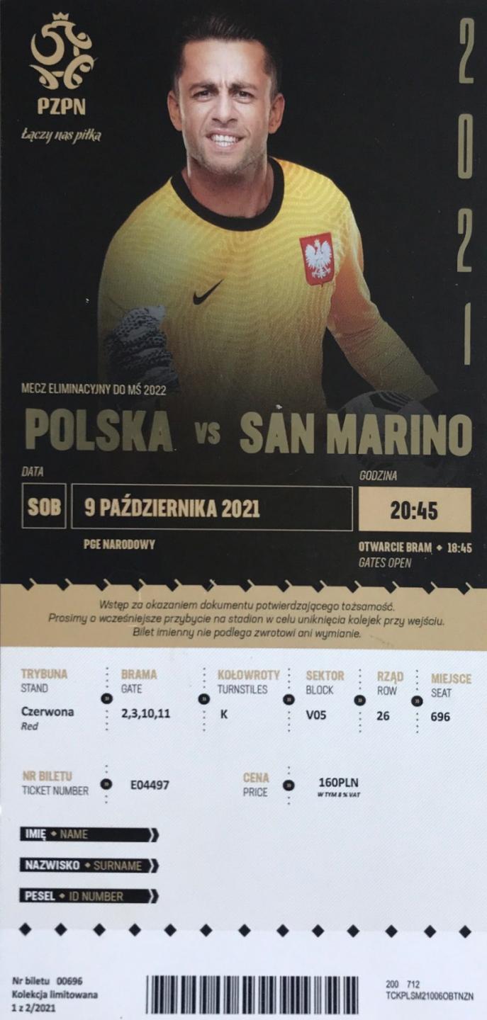Bilet z meczu Polska – San Marino 5:0 (09.10.2021)