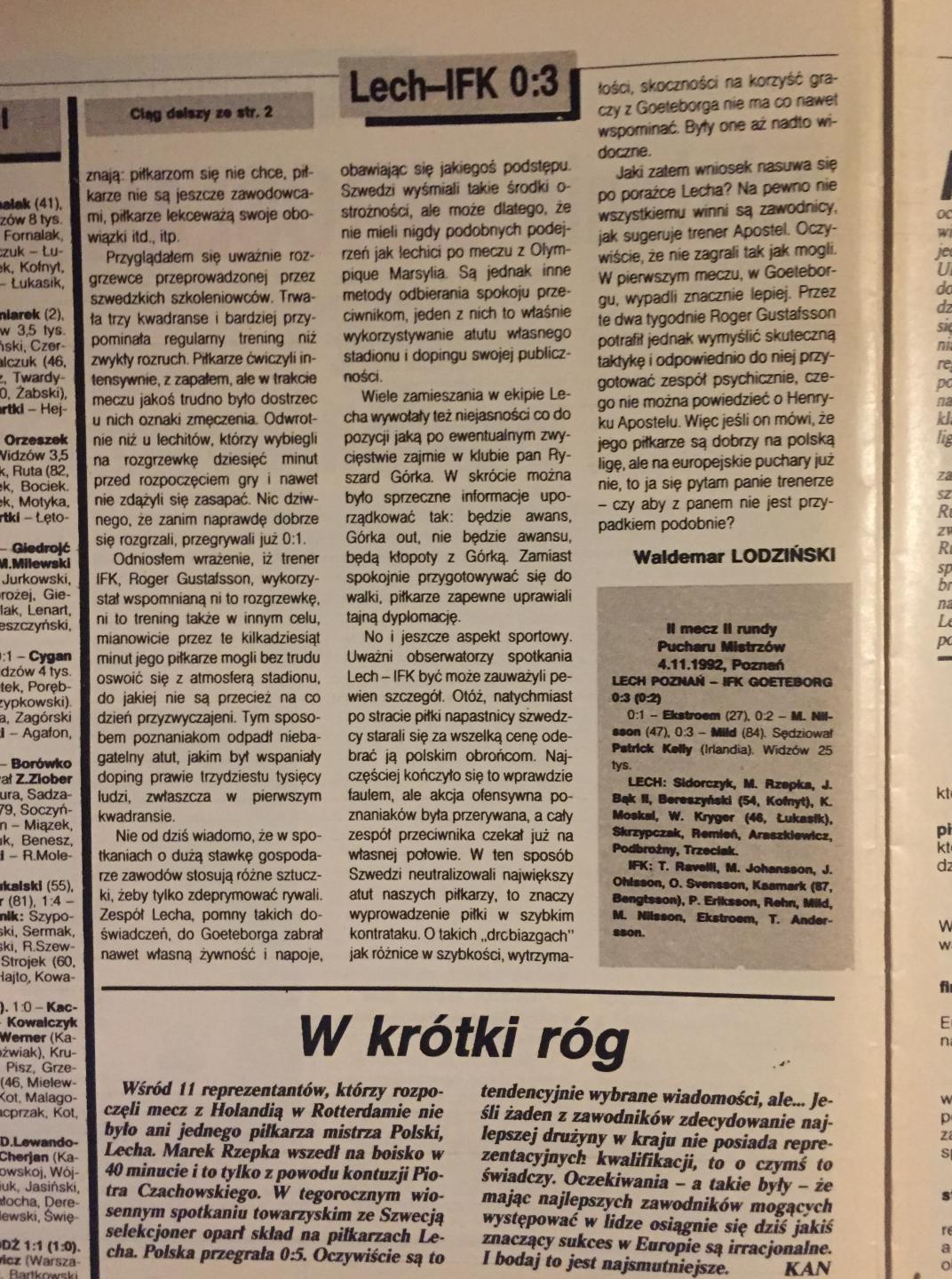 Piłka Nożna po Lech Poznań - IFK Göteborg 0:3 (04.11.1992) 2