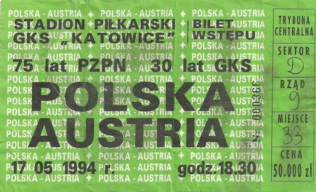 Bilet z meczu Polska - Austria 3:4 (17.05.1994).