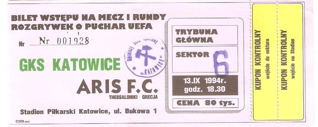 Bilet GKS Katowice - Aris Saloniki 1:0 (13.09.1994) 1