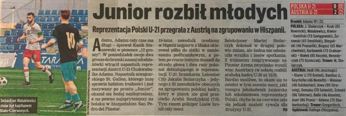 Przegląd Sportowy po meczu Polska U21 - Austria U21 0:2 (29.03.2021).