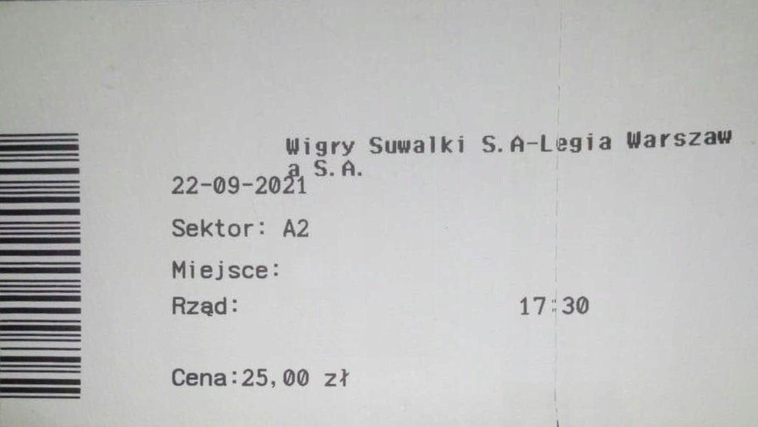Bilet z meczu Wigry Suwałki - Legia Warszawa 1:3 (22.09.2021).