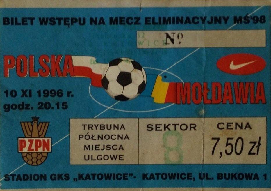 Bilet z meczu Polska - Mołdawia 2:1 (10.11.1996).