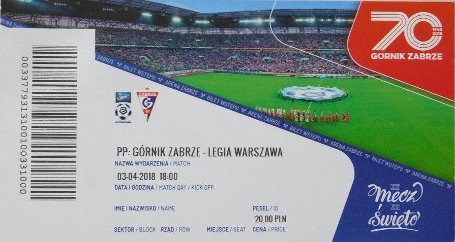 Bilet z meczu Górnik Zabrze - Legia Warszawa 1:1 (03.04.2018).