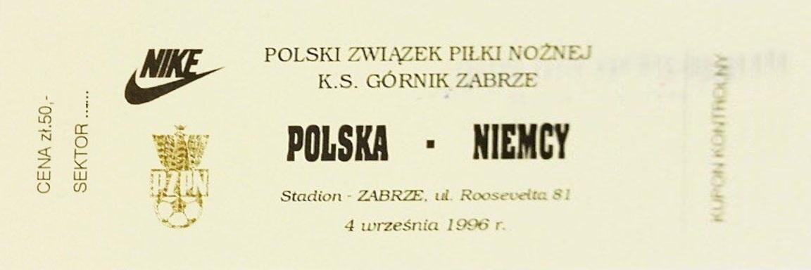 Bilet z meczu Polska - Niemcy 0:2 (04.09.1996).