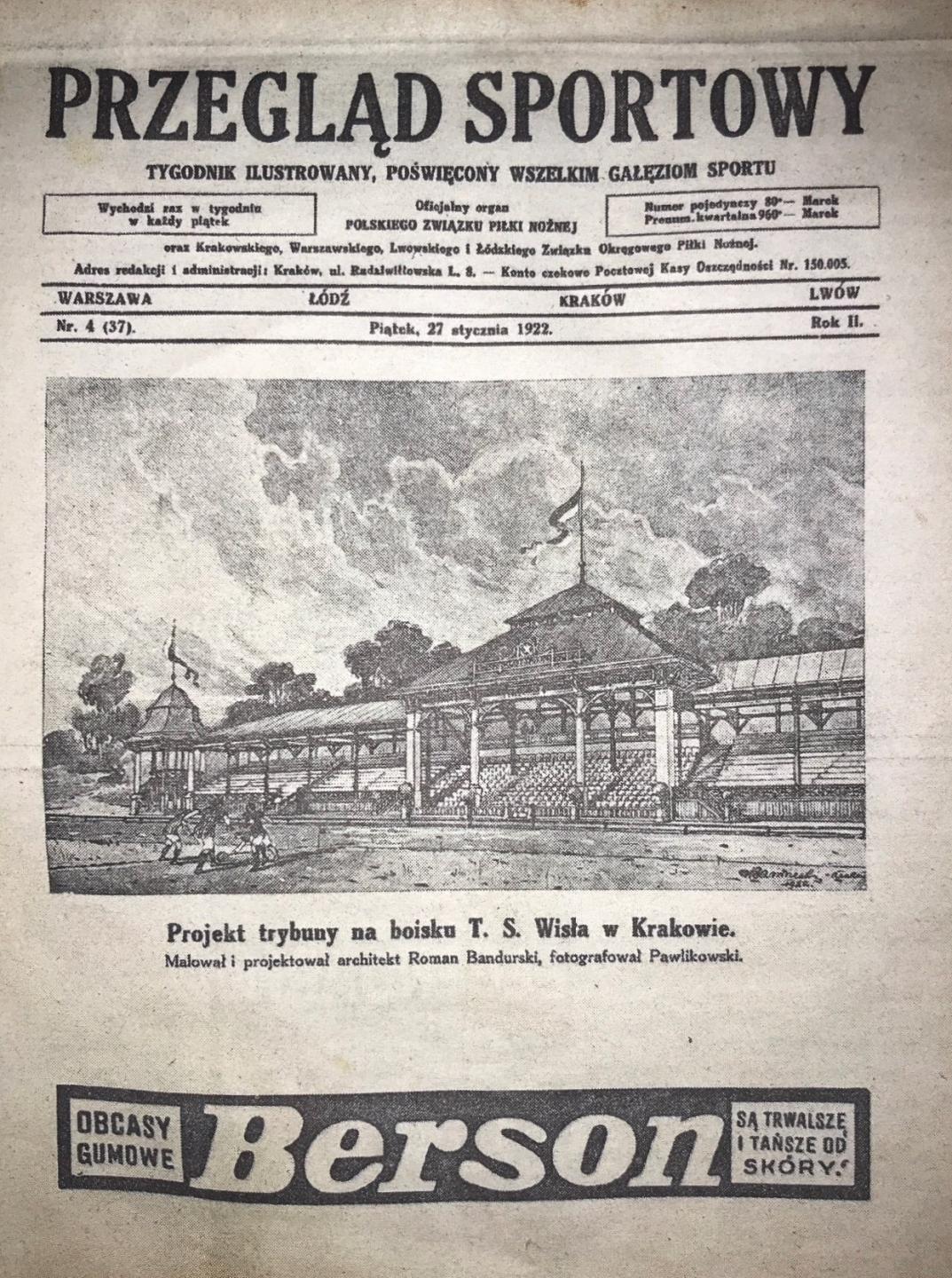 Okładka Przegląd Sportowy stadion Wisła Kraków (27.01.1922).