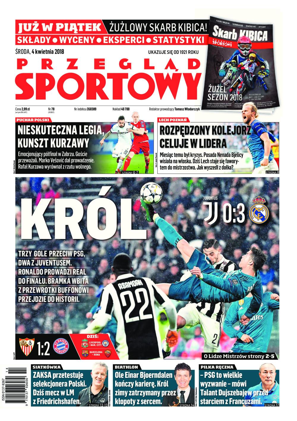 Okładka Przegląd Sportowy po meczu Górnik Zabrze - Legia Warszawa 1:1 (03.04.2018).