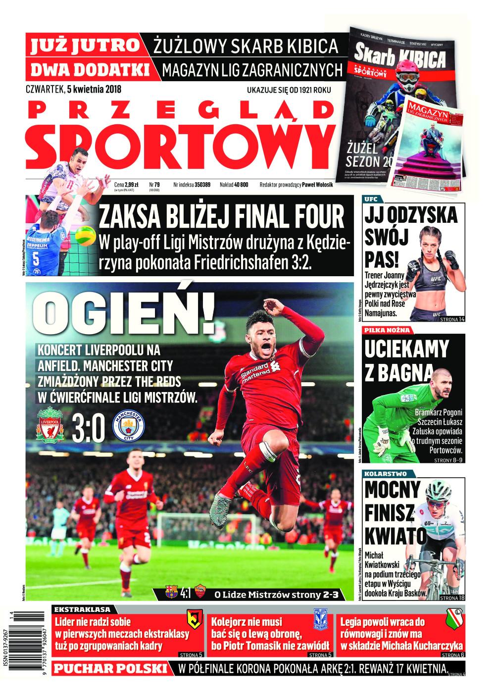 Okładka Przegląd Sportowy po meczu Korona Kielce - Arka Gdynia 2:1 (04.04.2018).