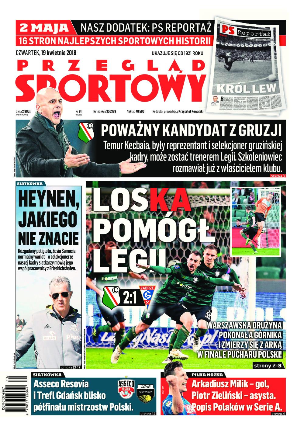 Okładka Przegląd Sportowy po meczu Legia Warszawa - Górnik Zabrze 2:1 (18.04.2018).