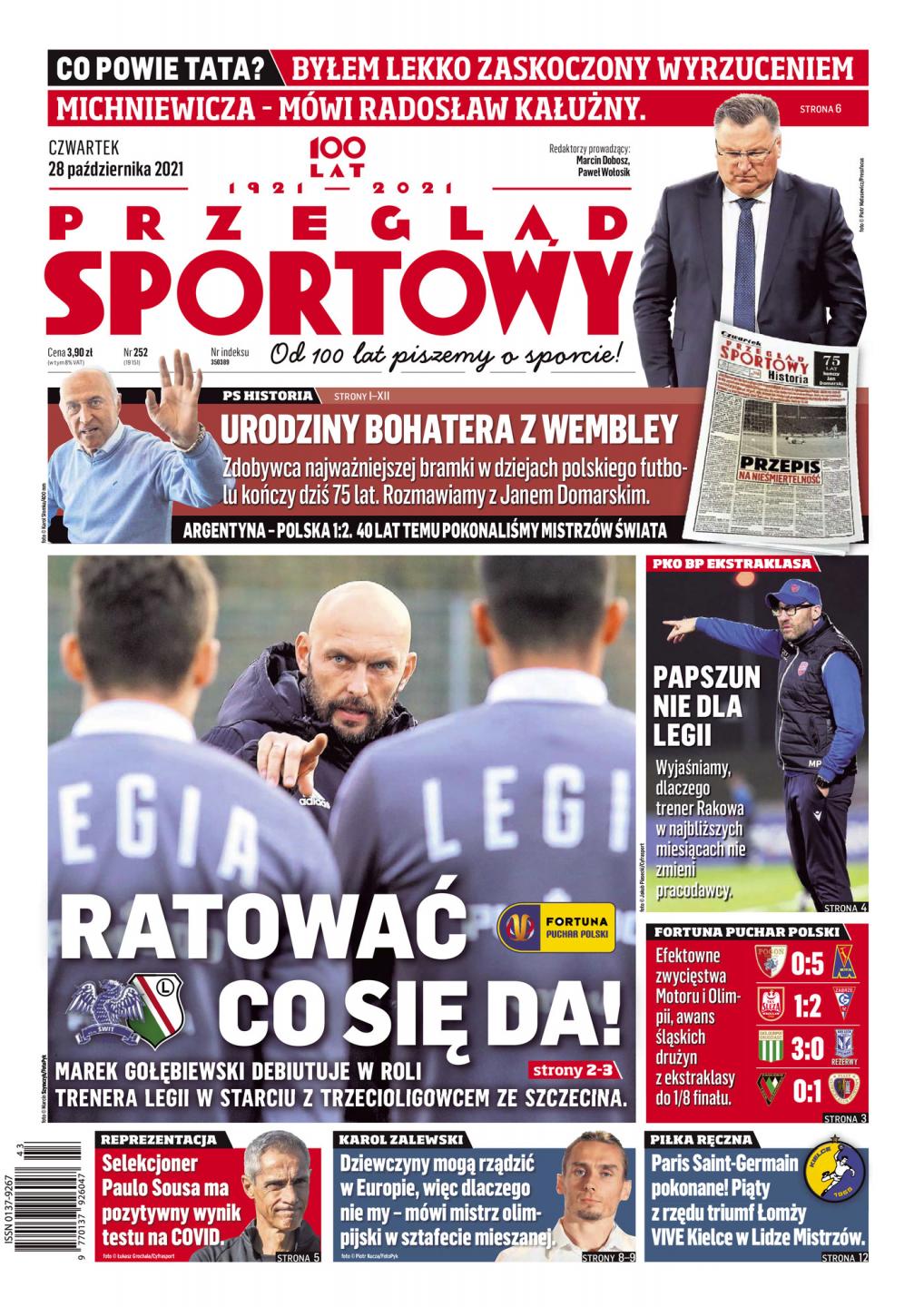 Okładka Przegląd Sportowy przed meczem Świt Skolwin Szczecin - Legia Warszawa 0:1 (28.10.2021)