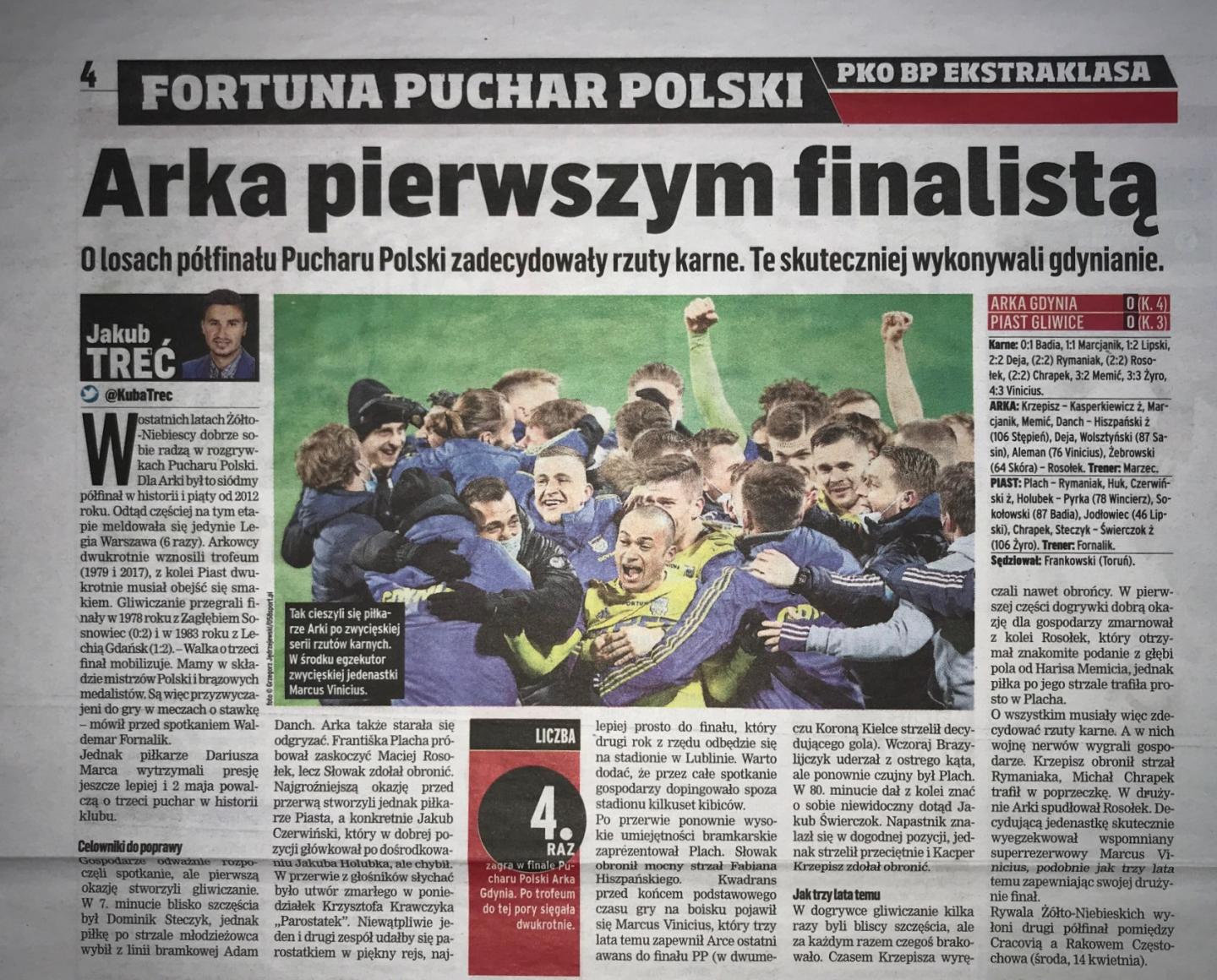 Przegląd Sportowy po meczu Arka Gdynia - Piast Gliwice 0:0, k. 4-3 (07.04.2021).