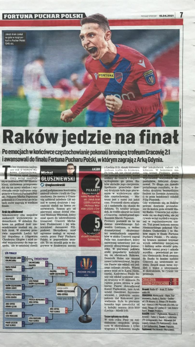 Przegląd Sportowy po meczu Cracovia - Raków Częstochowa 1:2 (14.04.2021).