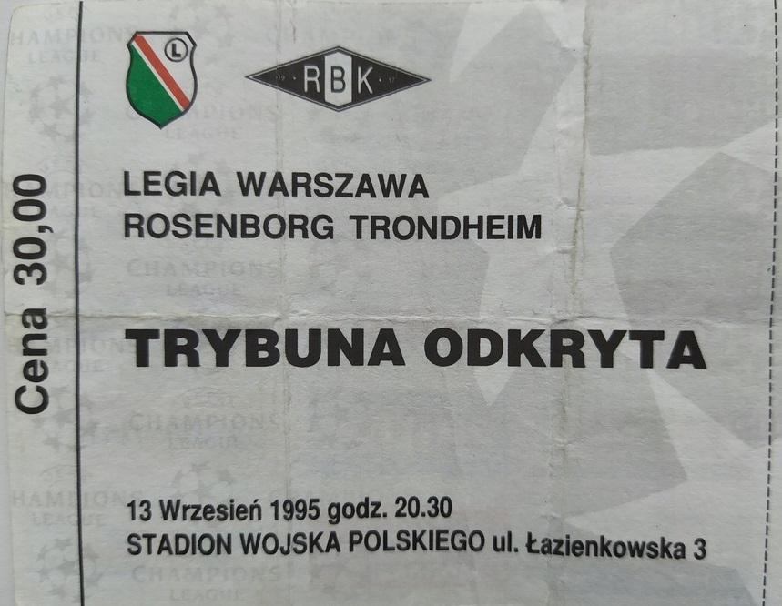 Bilet z meczu Legia Warszawa - Rosenborg Trondheim 3:1 (13.09.1995).