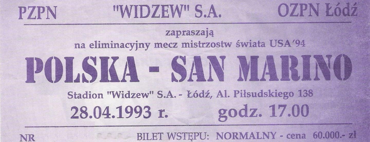 Bilet z meczu Polska - San Marino 1:0 (28.04.1993).