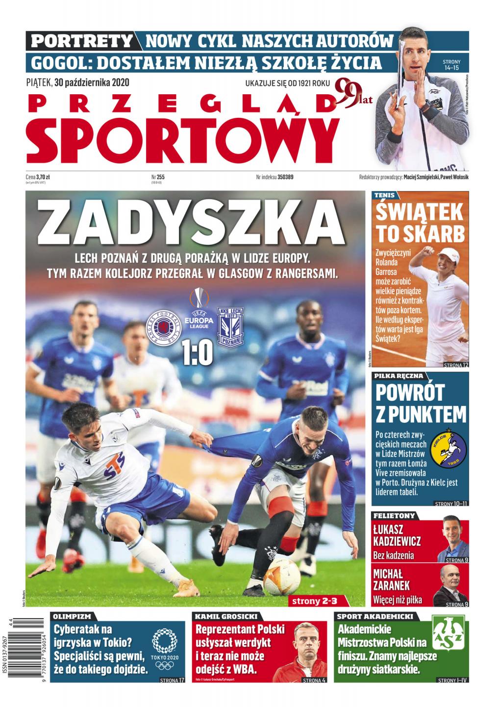 Okładka Przegląd Sportowy po meczu Rangers FC - Lech Poznań 1:0 (29.10.2020).